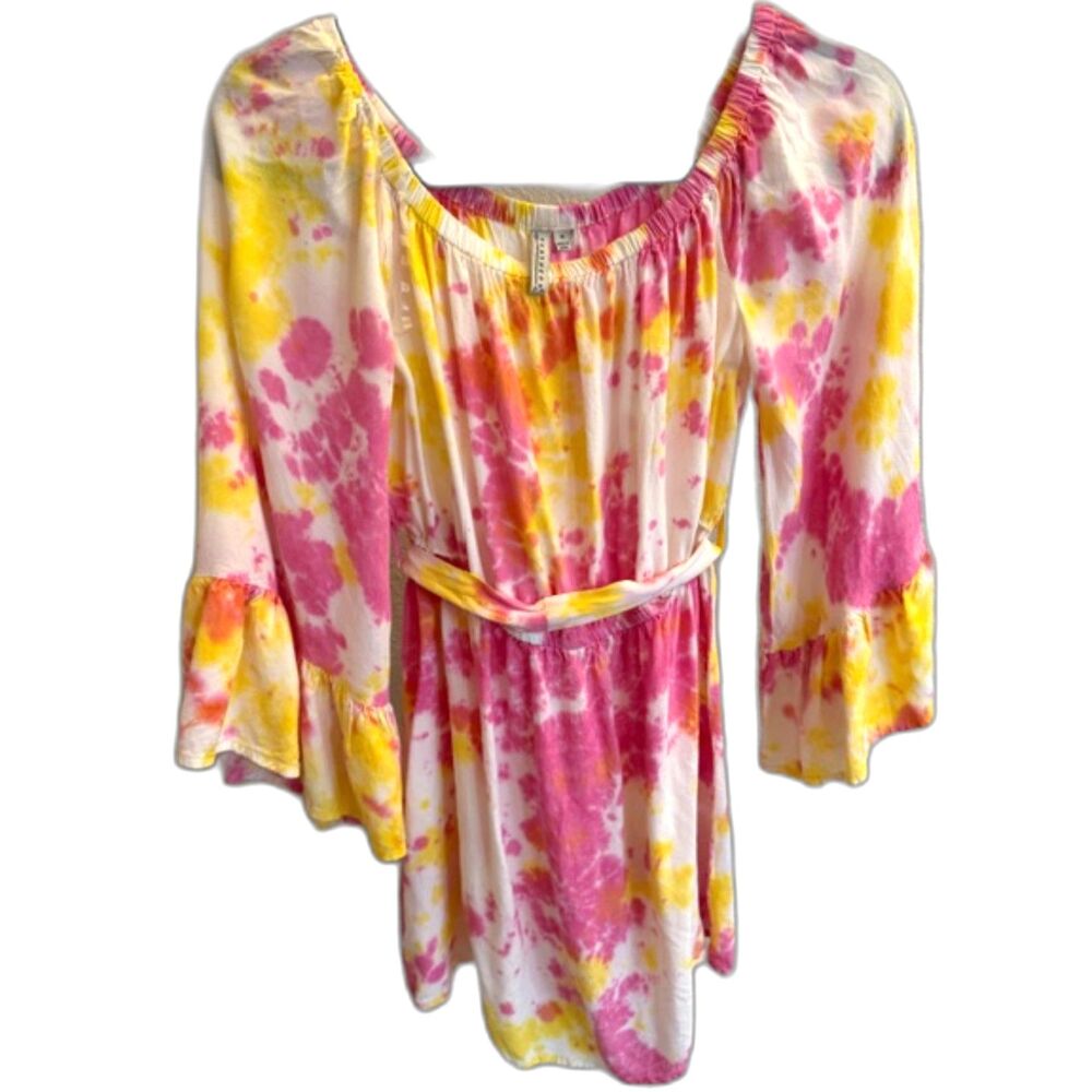 Feathers Boho Tie Dye Dress Size M Pink Yellow Flowy Ruffle Sleeve Mini Dress